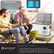 Nevera portátil con compresor KESSER 2 en 1 de doble zona, refrigeración y congelador eléctrico con 2 acumuladores de frío y panel táctil LED | Refrigerador con enfriamiento hasta -20 °C para camping, coche, camión 12/24V 230V