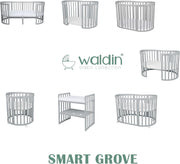 Cuna ovalada evolutiva Waldin, set completo 7 en 1, cuna de barrotes, cama infantil con colchón, cambiador, cuna colecho, madera blanca