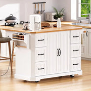 Isla de cocina extensible con alas abatibles, carrito de cocina sobre 4 ruedas con toma de corriente, mesa isla móvil con 2 puertas y 6 cajones