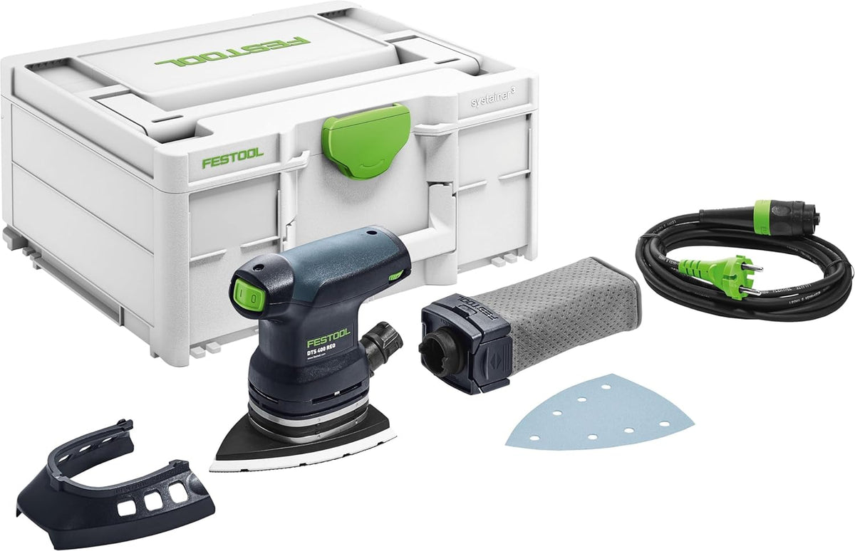 Lijadora delta Festool DTS 400 REQ-Plus en Systainer, 250 W | Lijadora triangular con zapata StickFix 100x150 mm, PROTECTOR y bolsa de recogida de polvo Longlife