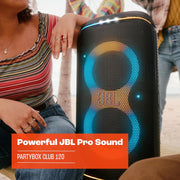 JBL Partybox Stage 120 en negro: altavoz Bluetooth portátil con sonido JBL Pro, espectáculo de luces, refuerzo de sonido con IA y asa telescópica: 12 h de autonomía