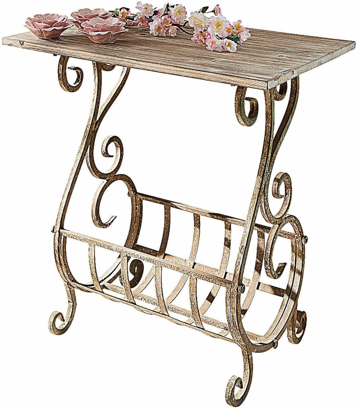 Consola Loberon Ciattos marrón antiguo: mesa consola de hierro con estante de madera de abeto, diseño nostálgico, aprox. 70 cm x 57 cm x 34 cm, marrón antiguo