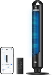 Ventilador de torre inteligente DREO para dormitorio, ventilador de pie silencioso con 28 dB, alcance de aire de hasta 8,8 m, 4 velocidades y 3 modos, temporizador de 8 h, App, Alexa y Google, oscilación de 90°, para el hogar/oficina