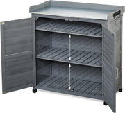 Relaxdays Mesa de cultivo con armario inferior, 3 ganchos, madera, encimera de zinc, Al x An x Pr: 92 x 90 x 45 cm, armario de jardín, gris