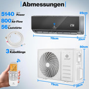 Set de aire acondicionado Split KESSER®, función WiFi/App, refrigeración A++/calefacción A+, 18000 BTU/h (5.300W) muy silencioso, refrigerante R32, mando a distancia, función de temporizador, material de montaje, antracita