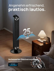 Ventilador de torre inteligente DREO silencioso de 25 dB, 106 cm de altura, 4 modos, 9 velocidades, máx. 7,9 m/s, temporizador de 12 h, ventilador oscilante de 90° con control remoto, control por voz, refrigeración, Cruiser Pro T2S, negro