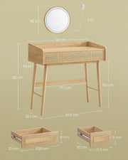 SONGMICS HOME Tocador con espejo y luz, mesa de maquillaje, 3 cajones imitación ratán, luz ajustable con 3 colores, estilo bohemio, dormitorio, beige roble RVT007Y01