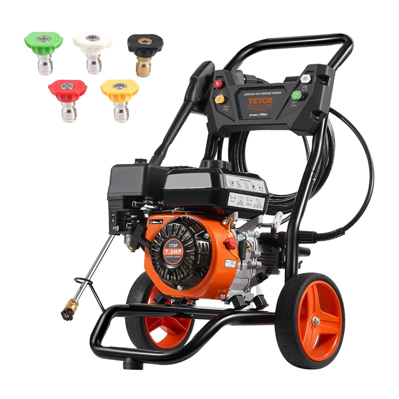 VEVOR Hidrolavadora a gasolina, 3400 PSI, lavadora de alta presión a gas, 10 L/min, con bomba de aluminio, pistola pulverizadora, extensión y 5 boquillas para coche, casa, entrada, vertical