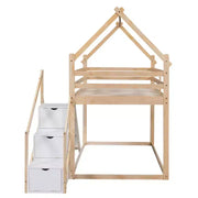 Literas tipo casita con tobogán y escaleras de almacenamiento, litera de madera individual sobre individual para niños con techo y escaleras para niñas y niños