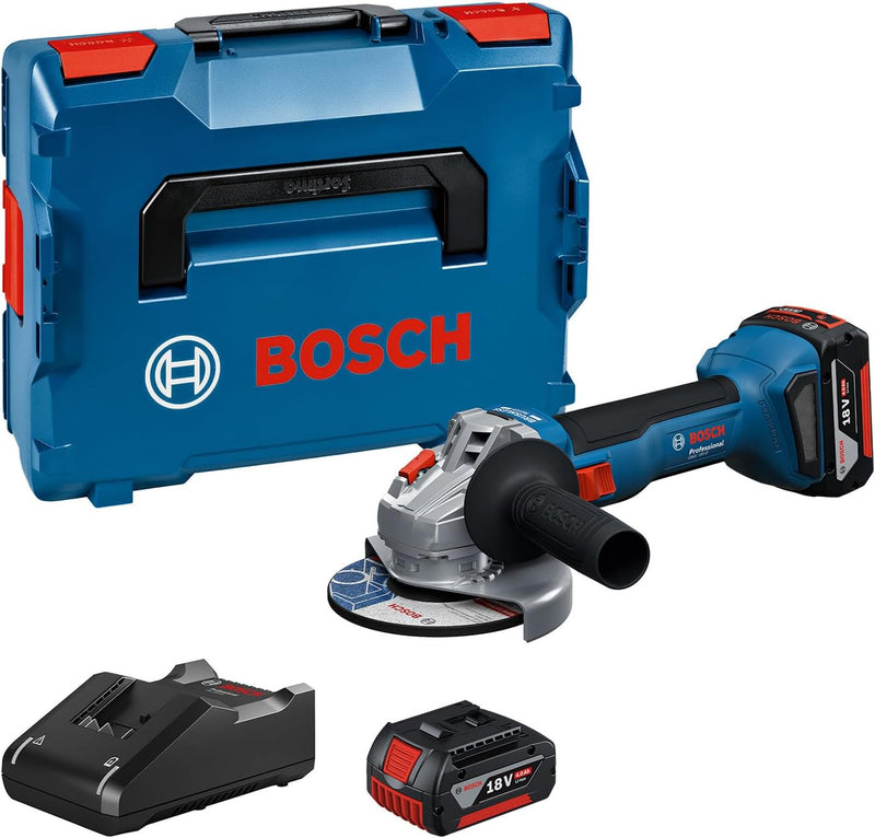 Amoladora angular a batería Bosch Professional 18V System GWS 18V-8 (diámetro de disco 125 mm, incl. 2 baterías GBA 4.0Ah, cargador GAL 18V-40, L-BOXX)