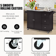 KOMFOTTEU Isla de cocina móvil con encimera de acero inoxidable, carrito de cocina con 3 cajones, toallero y estante ajustable, carrito con ruedas, 135 x 45,5 x 91,5 cm negro