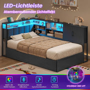 Cama tapizada, sofá cama de 90x200 con iluminación LED, estación de carga, diván, cama juvenil con 2 cajones y somier de metal, cabecero con espacio de almacenamiento, estantes abiertos, armario, negro