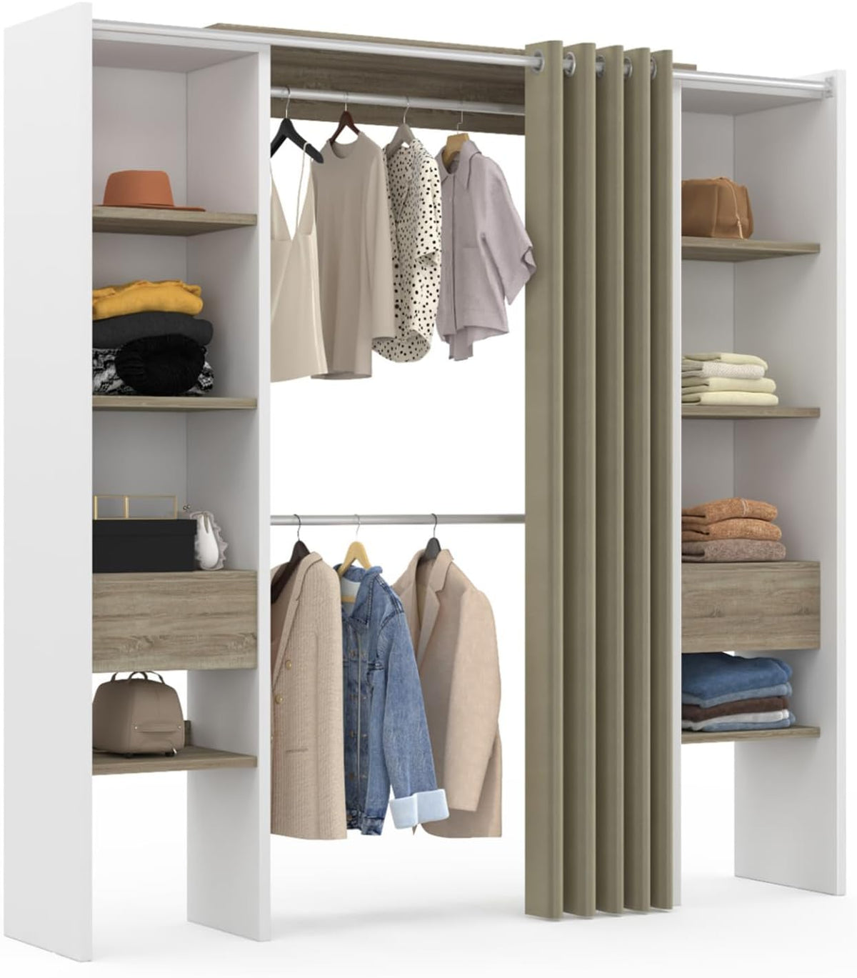 IDMarket - Vestidor extensible doble MERYL 120/180 x 50 x 180 cm blanco con estantes color haya + doble barra para colgar + cortina topo