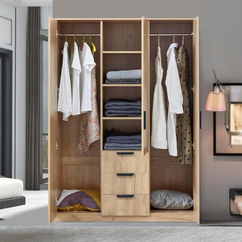 [en.casa] Armario Eiselfing, armario con 3 puertas, ropero 176 x 120 x 52 cm, armario de dormitorio, 2 barras para ropa, 4 compartimentos, 3 cajones, aspecto de roble