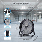 Ventilador industrial Be Cool 75 cm BCIWM75CM – Ventilador de tambor móvil, Ø 75 cm (30"), 300 vatios, motor de cobre puro, 2 velocidades, aspas de aluminio, rejilla de protección tipo telaraña, negro