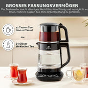 Máquina de té Karaca Caysever, acero, cromo 1700 W, libre de BPA, capacidad de tetera de cristal de 0,8 L, capacidad del depósito de agua de 1,5 L, preparación de agua