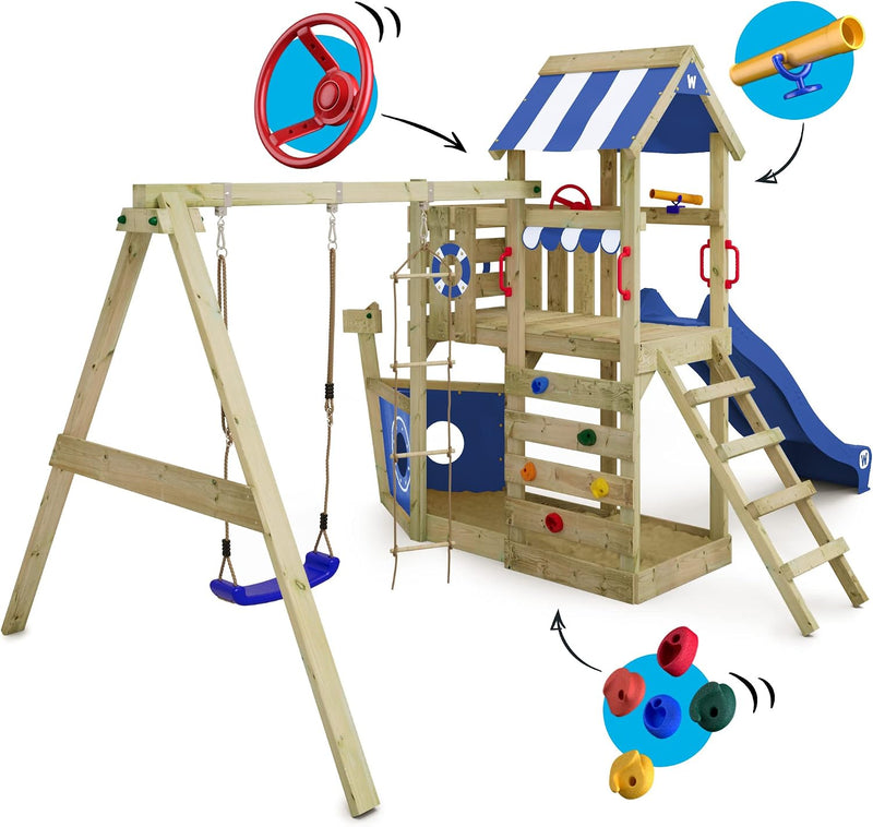 Torre de juegos con columpio y tobogán azul SeaFlyer de WICKEY, torre de escalada para niños al aire libre con arenero, escalera y accesorios de juego para el jardín