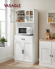 VASAGLE Armario de cocina, armario multiusos, armario de despensa, con estantes ajustables, apto para microondas, cajón, puertas de cristal, orificio para cables, estilo moderno, blanco LSC361W21