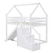 Literas tipo casita con tobogán y escaleras de almacenamiento, litera de madera individual sobre individual para niños con techo y escaleras para niñas y niños