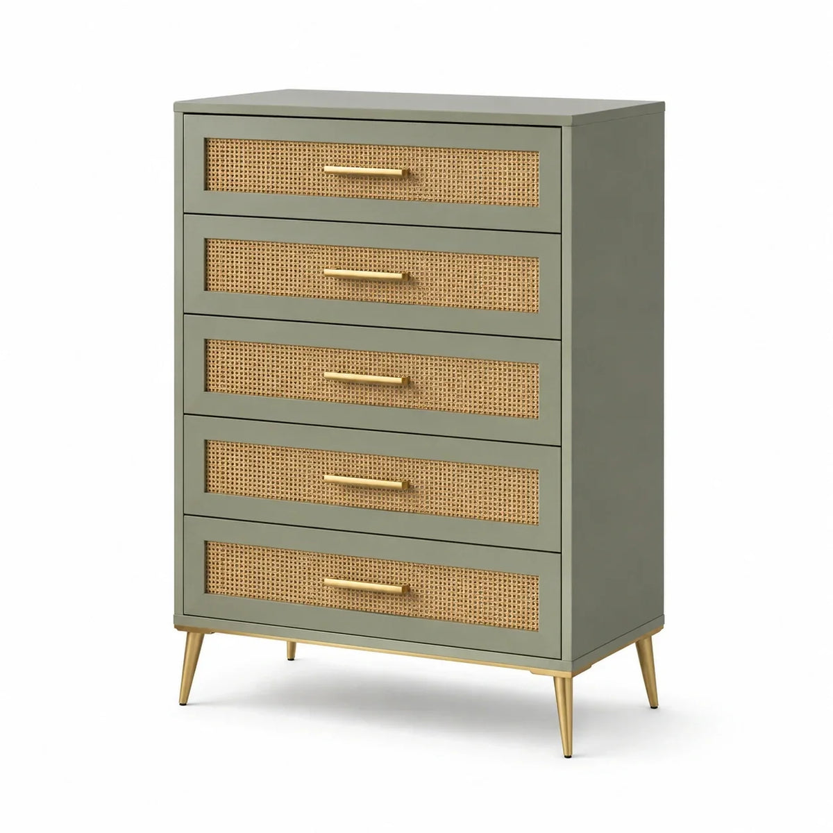 Cómoda de MDF y ratán con 5 cajones, verde
