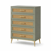 Cómoda de MDF y ratán con 5 cajones, verde