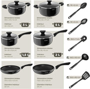 tectake® Set de cocina de 45 piezas, vajilla para 6 personas y batería de cocina, sartenes, ollas, platos llanos, platos hondos, cuencos, tazas, cucharón, espátula, vajilla de gres