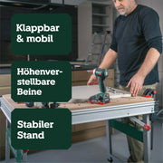 Mesa multifunción Metabo MWB 100, banco de trabajo plegable, caballete móvil, 120 kg, incl. 2 sargentos y 4 topes de banco