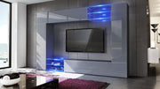 Mueble de salón Vladon Mirage, fabricado en Alemania, mueble mural con panel trasero con 2 puertas, 2 puertas abatibles y 6 estantes de cristal abiertos, negro mate/gris brillante, incluye iluminación LED (262 x 183 x 39 cm)
