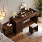 Tocador Homary con espejo, iluminación, estación de carga USB y espacio de almacenamiento, elegante tocador moderno con espejo iluminado de 3 modos y expositor de joyas integrado, nogal