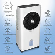 Refrigerador de aire portátil TROTEC PAE 31, climatizador 3 en 1, humidificador y ventilador, depósito de 6 l, capacidad de evaporación de 1,1 l/h, 3 niveles de ventilación, temporizador, modo nocturno