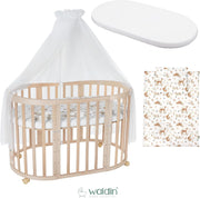 Cuna ovalada evolutiva Waldin, set completo 7 en 1, cuna de barrotes, cama infantil con colchón, cambiador, cuna colecho, madera blanca