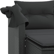 Sofá de jardín de 2 plazas con toldo y taburetes, de poliratán negro, muebles de jardín, conjunto de jardín con dosel