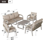 Conjunto de muebles de jardín para 7 personas, set de muebles de exterior para terraza y balcón con sofá de jardín y mesa de centro, grupo de asientos para salón de jardín con cojines, hierro galvanizado, beige