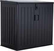 Caja para cubos de basura Koll Living Soraya de 775 litros, de plástico con aspecto de madera – bloqueable, resistente a la intemperie, resistente a los rayos UV, con amortiguadores de gas – Negro/Gris