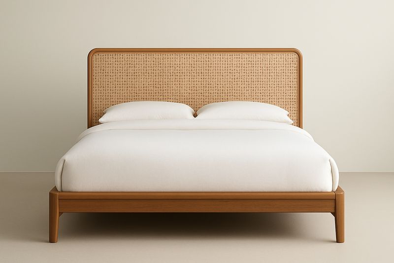 Cama de madera con cabecero de ratán 160x200 cm