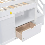 Cama alta baja de madera maciza con cajón y escalera, tamaño individual