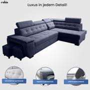 Sofá rinconero Robin Inspire Grand con función cama plata-antracita izquierdo | Sofá en forma de L con arcón, función relax, 2 taburetes y reposacabezas. Conjunto de salón con opción de dormir.