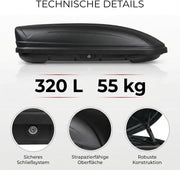 Cofre de techo VDP-MAA320 negro mate, portaequipajes de coche bloqueable, 320 litros