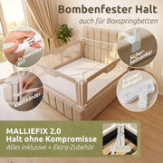 Barrera de cama 200x200 cm, set de 3 lados, MALLIEFIX 2.0, sistema de clic, altura ajustable, beige