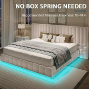 Cama de plataforma tapizada AMERLIFE con luces LED, diseño flotante, soporte de listones sólidos