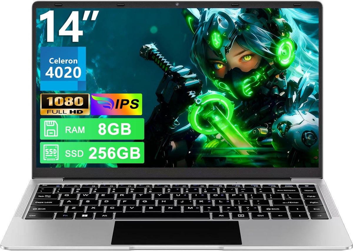 Ordenador portátil de 14 pulgadas 8+256GB Win11 Celeron N4020, compatible con expansión SSD de 1TB, WiFi 2.4G+5G, Bluetooth 4.2, USB, HDMI, FHD 1920 x 1080 con ratón inalámbrico y membrana de teclado AZERTY - Plata-1