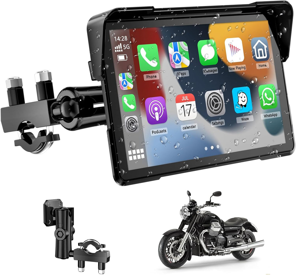 Pantalla CarPlay para moto con CarPlay y Android Auto, GPS portátil de 7 pulgadas para moto, impermeable, compatible con música Bluetooth, navegación, Siri/Google Assistant, soporte magnético: fácil de instalar y desmontar