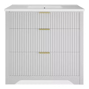 Conjunto de tocador de baño moderno estriado con lavabo de cerámica integrado, mueble de baño independiente con 3 cajones para baño contemporáneo