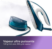 Centro de planchado Philips PerfectCare Compact Plus - 2400W, 400g, presión de 6,5 bares, tecnología OptimalTEMP, depósito de 1,5 L, azul/blanco (GC7844/20)