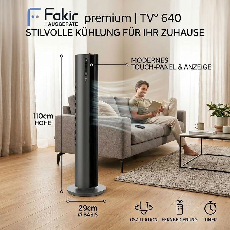 Ventilador de torre Fakir Premium TV° 640 - Ventilador silencioso de 32dB(A), motor CC, 12 niveles, temporizador de 12h, pantalla LED, mando a distancia y oscilación de 90°, purificación de aire, 450m³/h, 110cm de altura, color: antracita