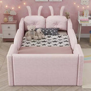 Cama plataforma doble Whisen, cama de suelo tapizada para niños con cojín de conejo, barandillas laterales extraíbles