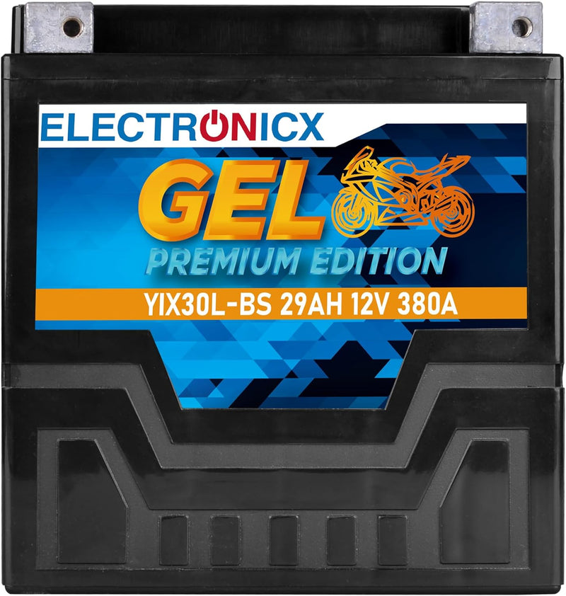 Electronicx GEL YIX30L-BS 12V 29Ah 380A – Batería de moto potente, sin mantenimiento, sellada y estanca. Perfecta para Harley, ATV o scooter. Robusta, fiable y lista para usar.