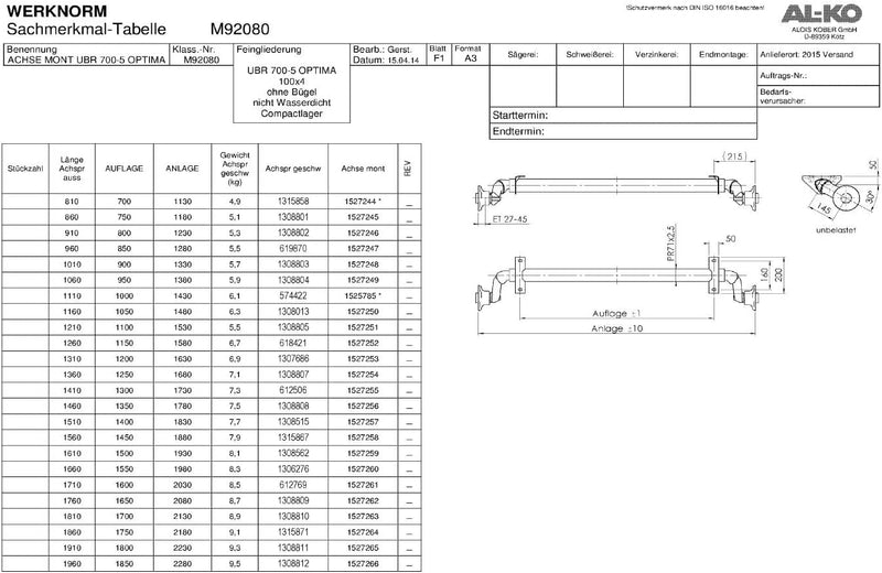 Eje no frenado AL-KO Optima 1830 mm – 750 kg – distancia entre pernos 100x4 – para remolques ligeros – Suspensión de caucho – Estructura galvanizada – Montaje fácil