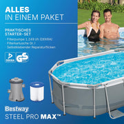 Set de piscina con estructura Bestway Power Steel con bomba de filtro 305 x 200 x 84 cm, gris, ovalada