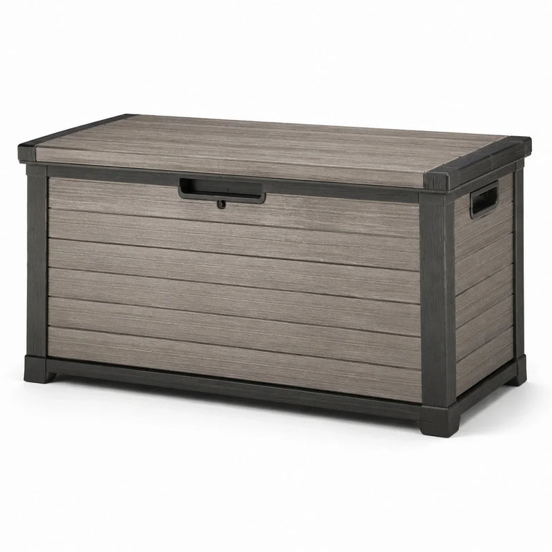 Baúl de jardín de polipropileno con aspecto de madera 117x45x57 cm gris
